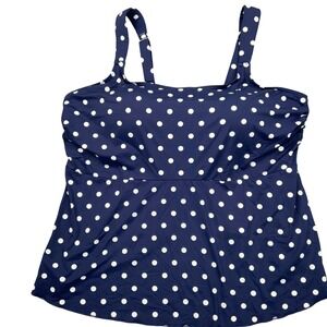Lands‎ End Tankini Top Women 2X 20W-22W Navy Blue White Polka Dot Swim Beach